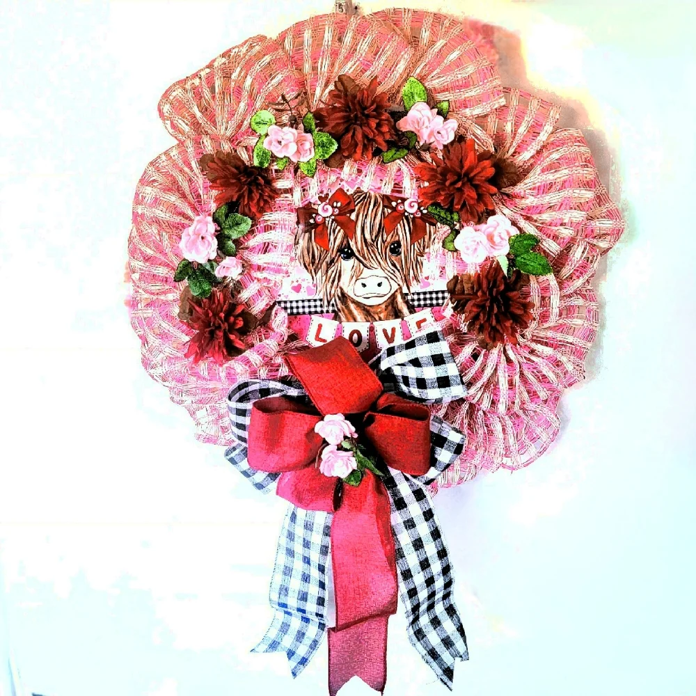 Love Highland Cow Wreath Deco Mesh Bow Flowers Anniversary Burthday Gift